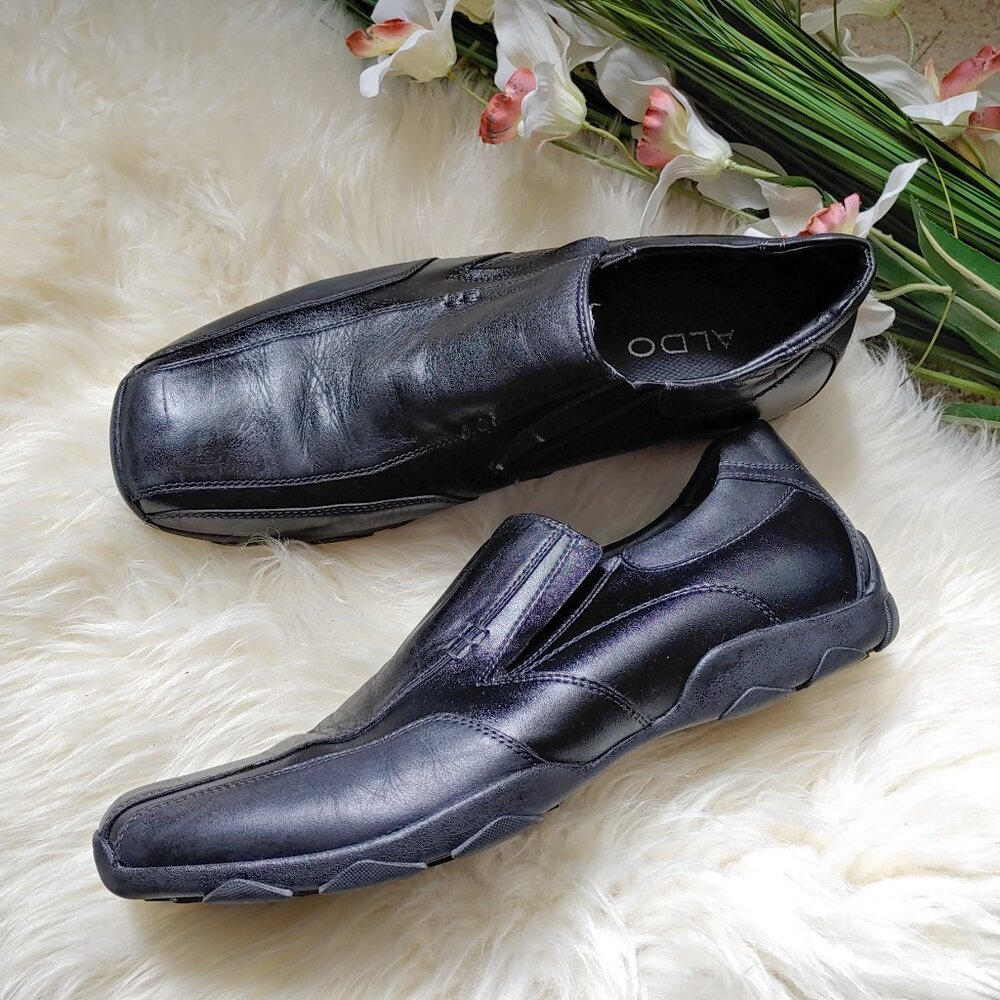 Aldo Black Leather Square Toe Dress Shoes Loafers Slip On (46 EU)